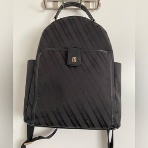 Tommy Hilfiger backpack, black textile, vegan leather, gold accents 15”x13”x4”